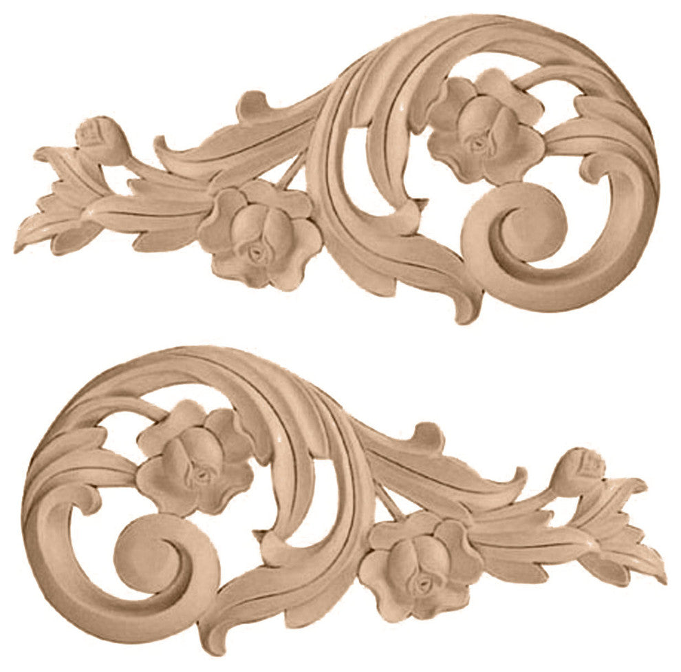 9 3/4"W x 4 3/4"H x 3/4"D (Each Side) Medium Rose Scrolls (Pair), Lindenwood