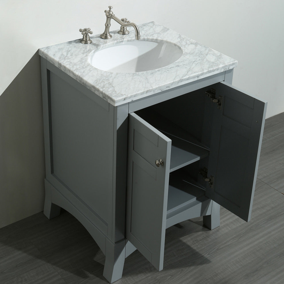 Eviva New York 24" Gray Bathroom Vanity, With White Marble Carrera Top and Sink