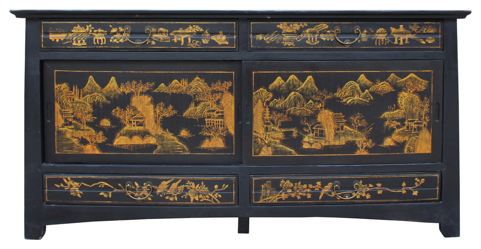 Chinese Golden Graphic Sideboard High Credenza Console Table TV Cabinet