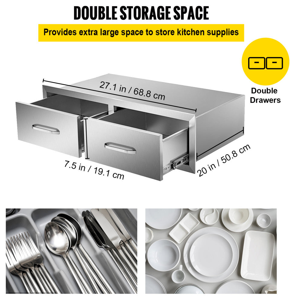 Outdoor Kitchen Drawers 30" W x 10" H x 20" D Horizontal Double BBQ Access