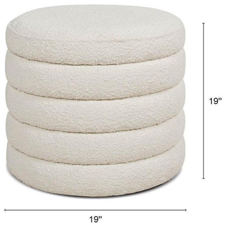 Fuji 22" Upholstered Boucle Round Storage Ottoman Ivory White