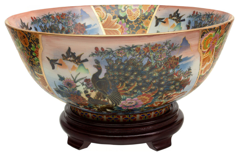 14" Satsuma Ladies and Peacock Porcelain Bowl