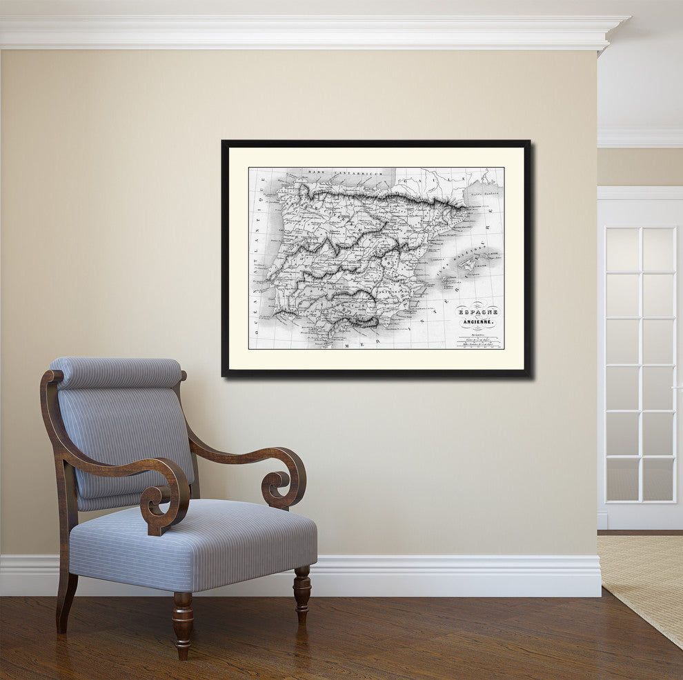 Spain Portugal Vintage B&W Map Canvas Print, 28"x37"