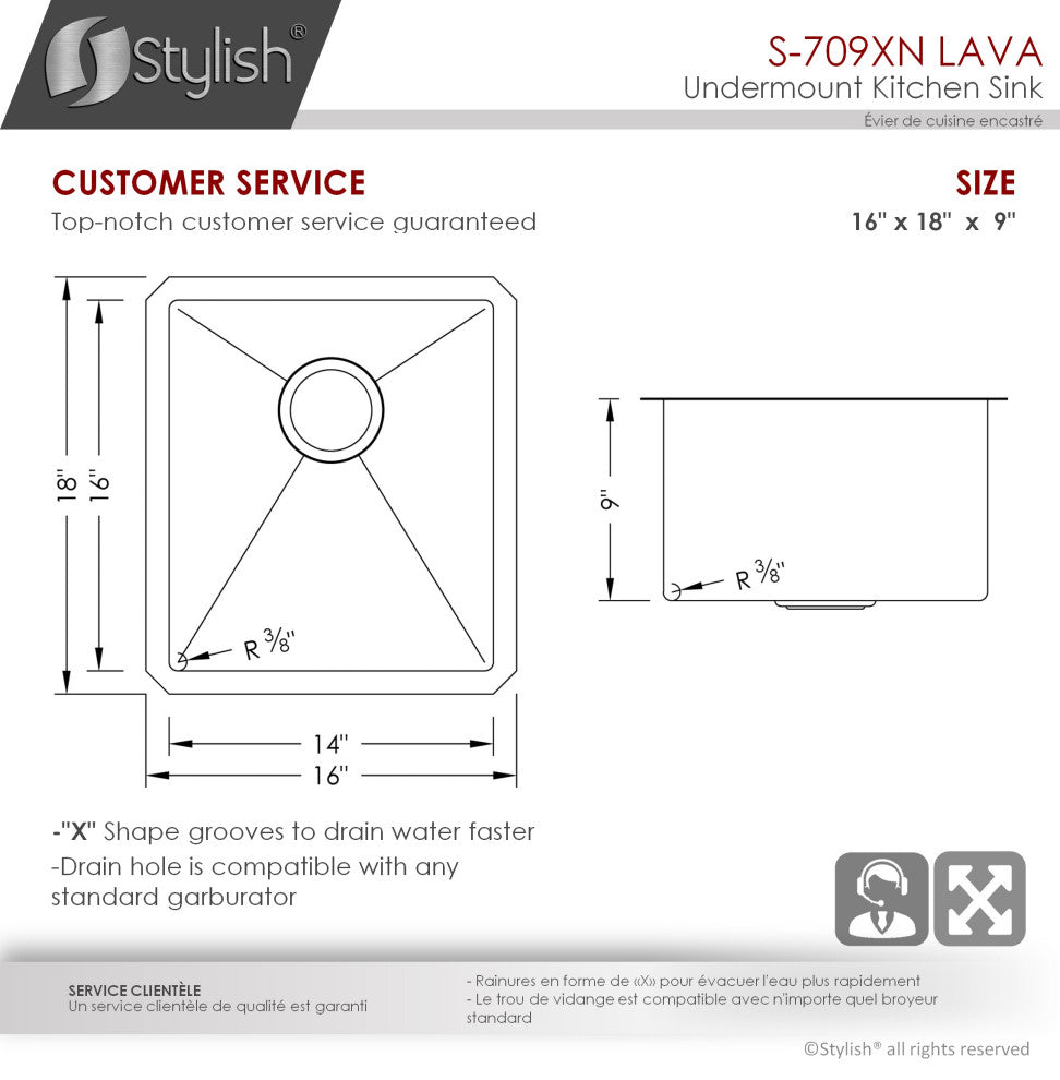 STYLISH 16in Graphite Black Single Bowl Undermount Stainless Steel Kitchen Sink