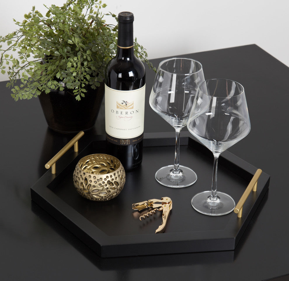 Halsey Hexagon Decorative Wood Tray With Polished Metal Handles, Black