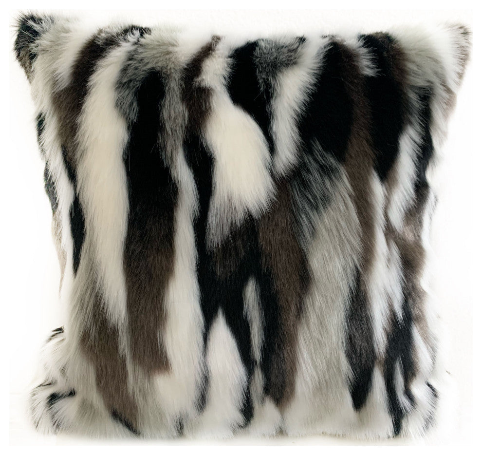 Plutus Black, White Zebra Animal Faux Fur Luxury Throw Pillow, 20"x20"