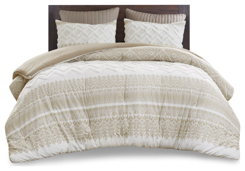 INK+IVY Mila 3 Piece Cotton Comforter Set With Chenille Tufting, Taupe