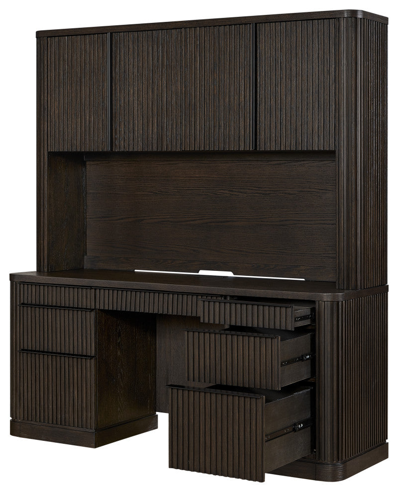 Contemporary Wood Credenza and Hutch, Office Desk and Hutch, Brown