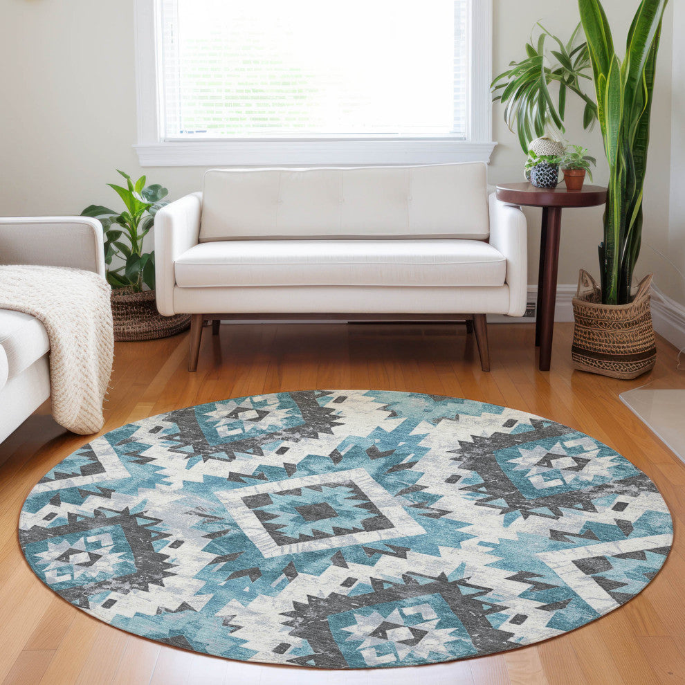 Machine Washable Indoor/Outdoor Chantille ACN1878 Teal 8' x 8' Round Rug