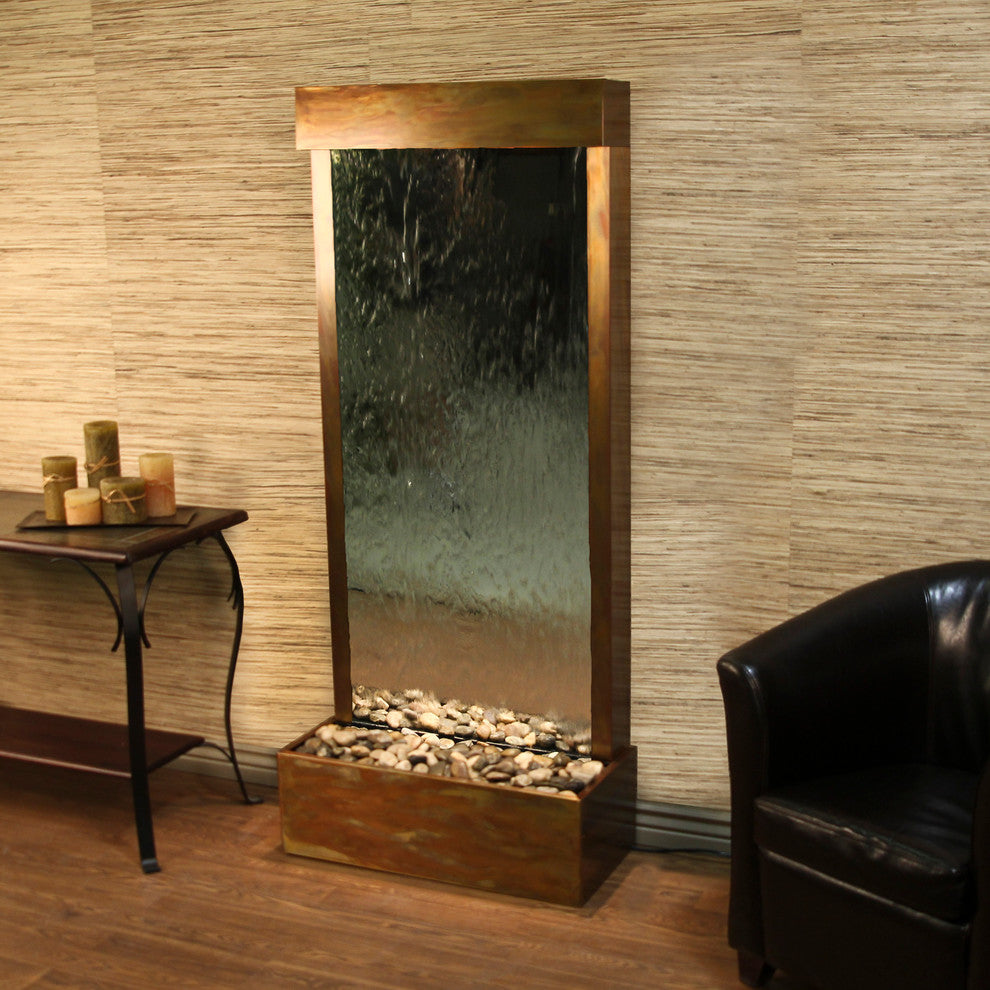 Harmony River Flush Mount Water Fountain, Silver Mirror, Rustic Copper