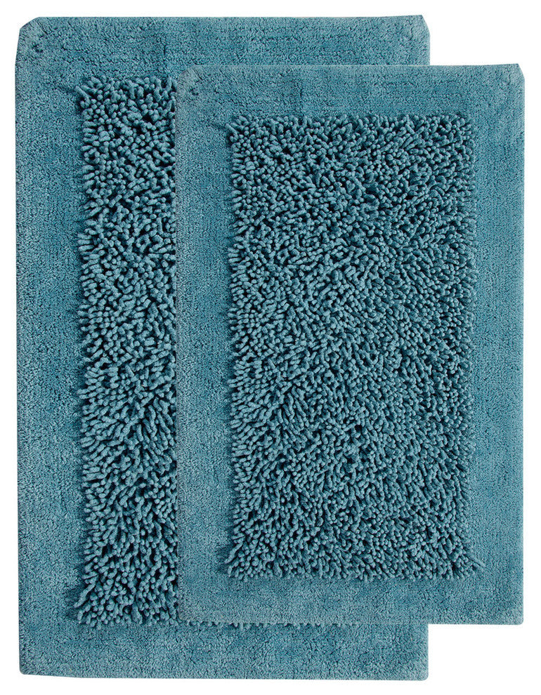 Bath Rug Cotton and Chenille Tufted, 2 Piece, 24"x17" and 34"x21", Arctic Blue