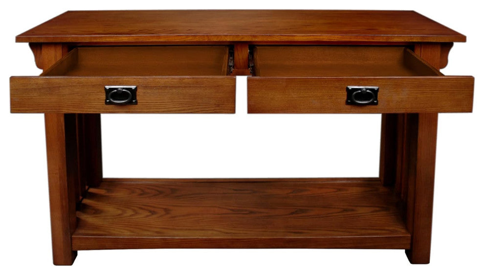 Mission Style Console Table in Medium Oak with Slatted Sides & 2 Drawers