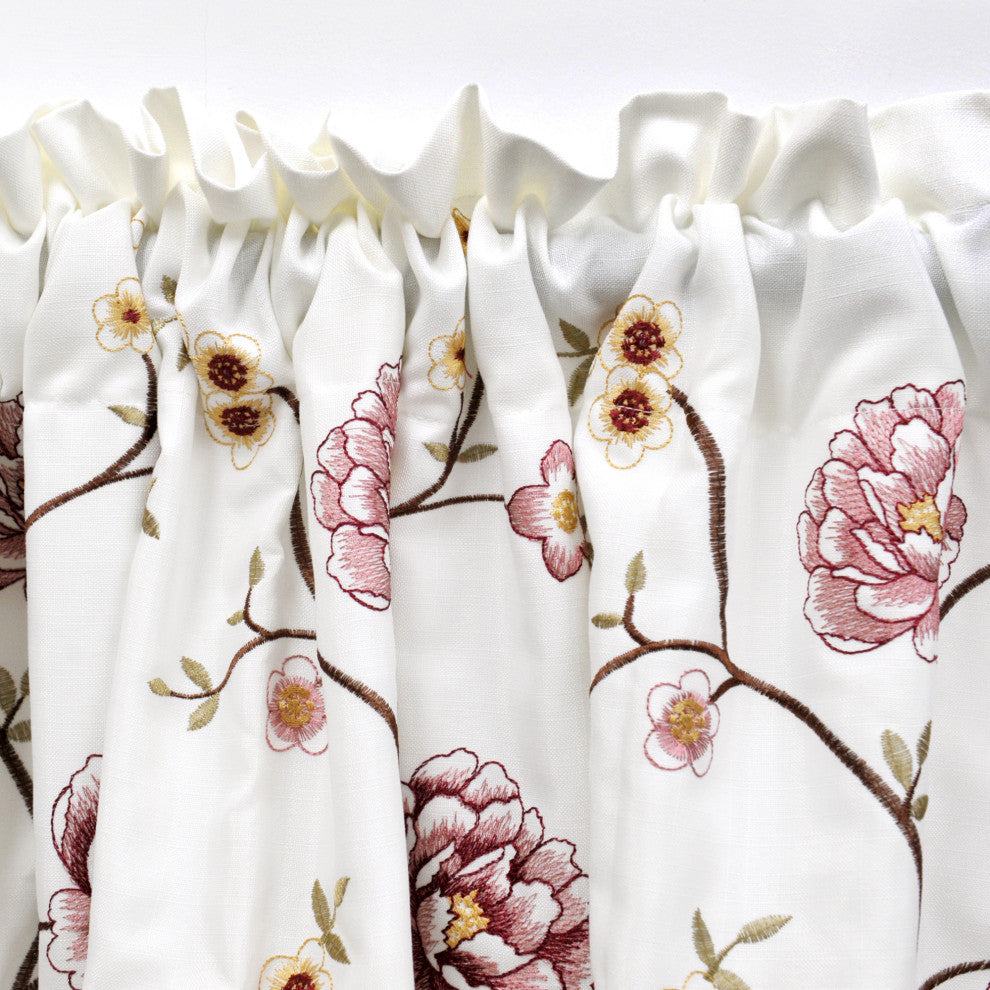 Spring Flower Embroidery Window Curtain Valance, Burgundy, 19" X 60"
