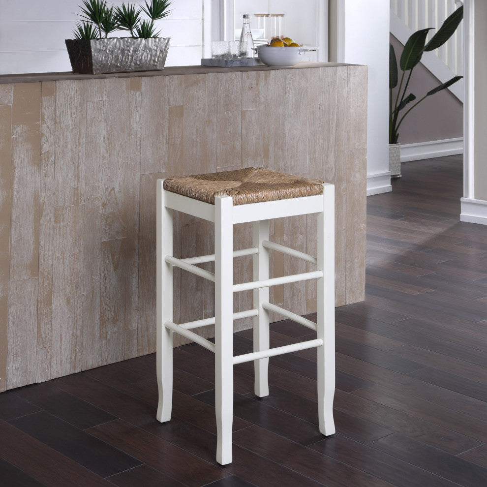 Square Rush Backless Wood Bar Stool, Cream