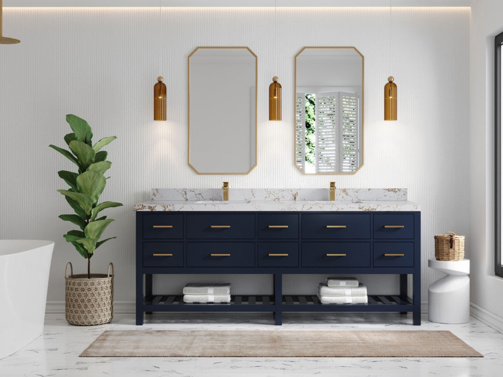 Parker 84" Double Sink Bath Vanity, Navy Blue 2" Viola Gold