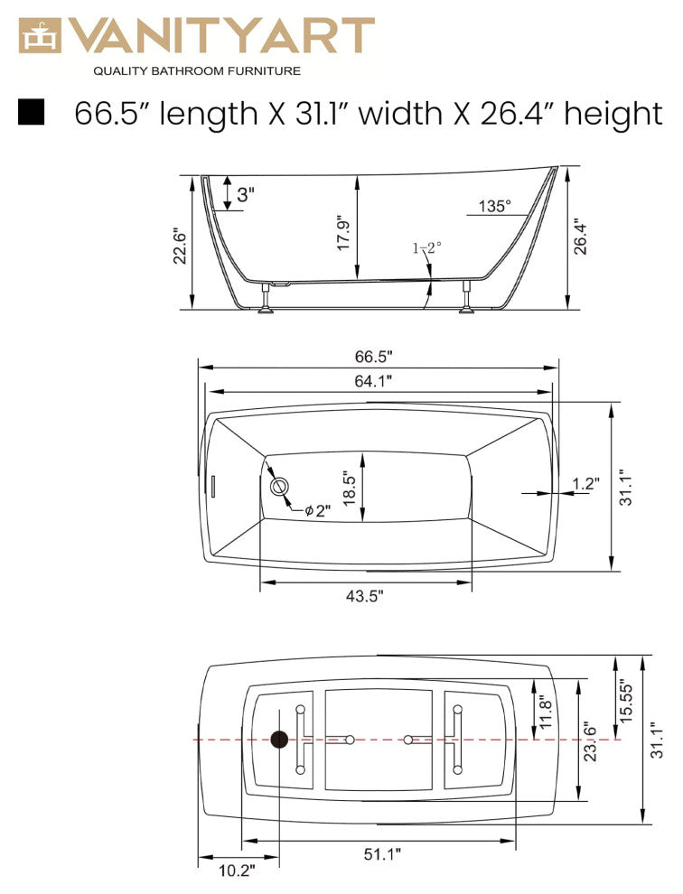 Vanity Art 67"x31" White Acrylic Freestanding Bathtub, Pure White