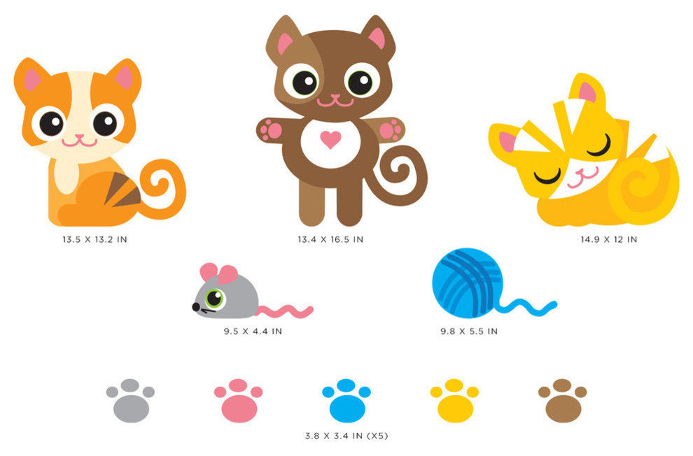 Cat Fabric Wall Decals, Set of Three Adorable Kittens With Paw Prints and More