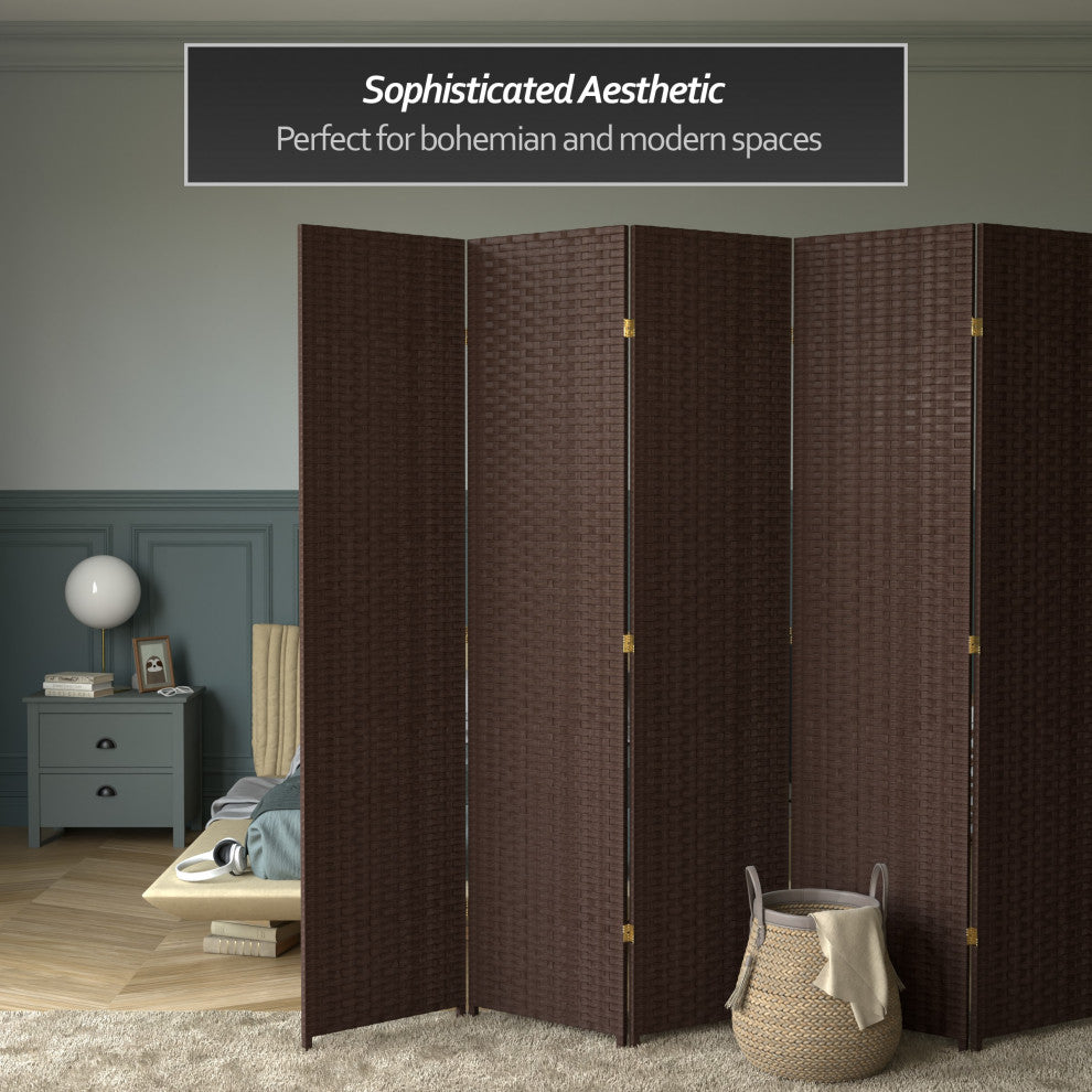 7' Tall Woven Fiber Room Divider, Dark Mocha, 8 Panel