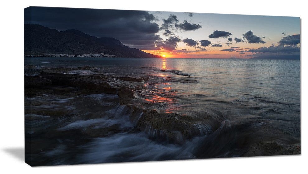 "Dark Mediterranean Beach Dawn" Modern Seashore Canvas Art, 40"x20"