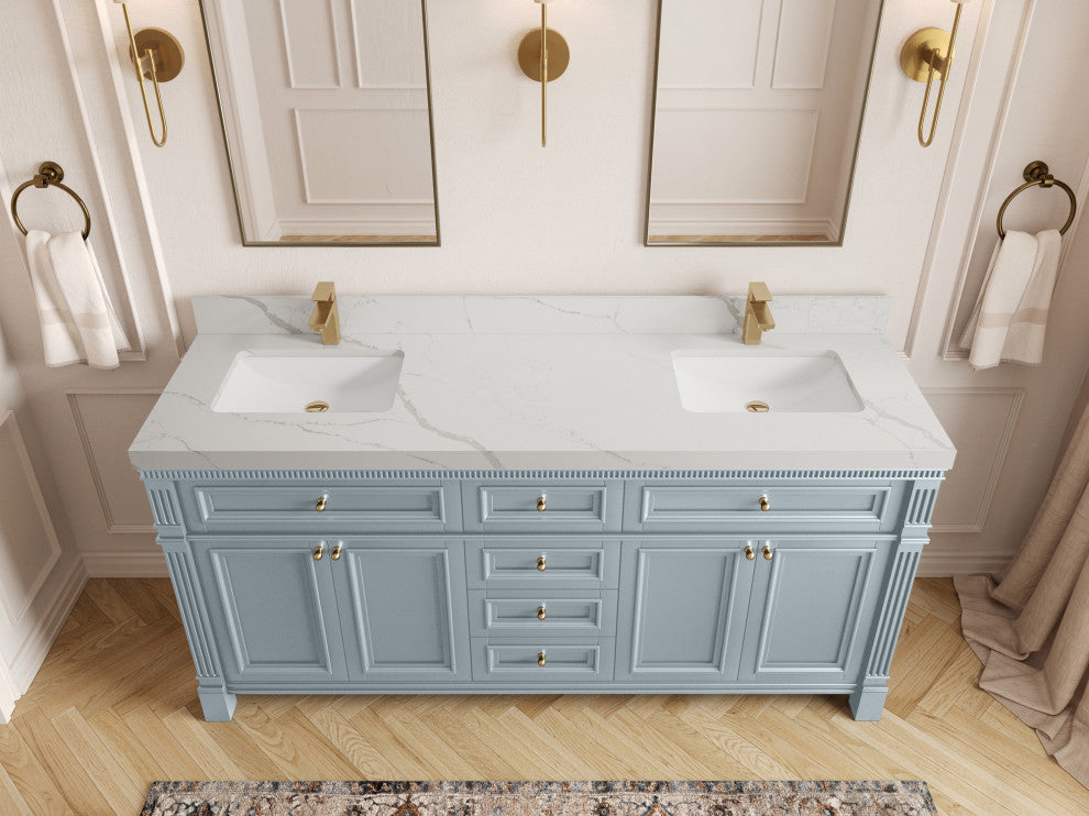 Paris 72" Double Sink Bathroom Vanity, Blue Heather 2" Calacatta Laza