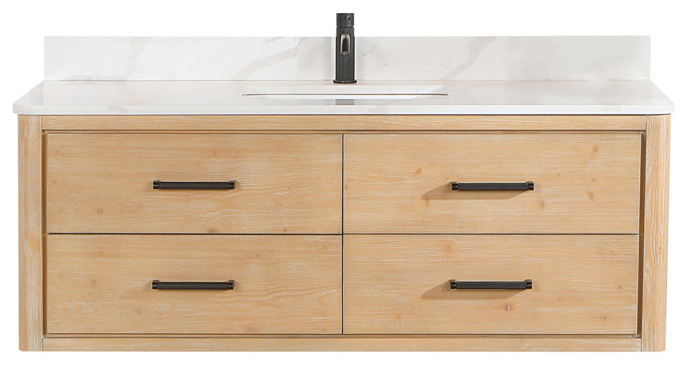 Cristo Floating Bath Vanity With Stone Top, Fir Wood Brown, 55in., No Mirror