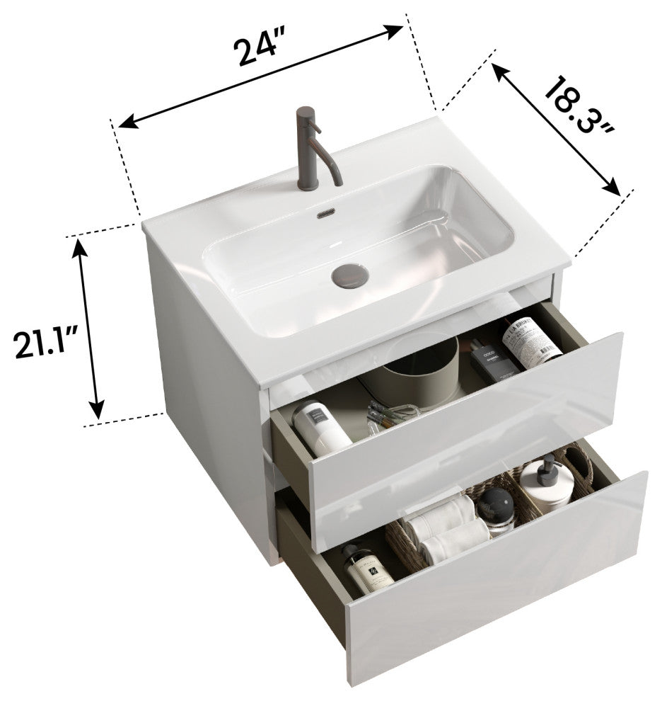 Wall-Mounted Bathroom Vanity Set with Ceramic Sink with one faucet hole, Glossy White