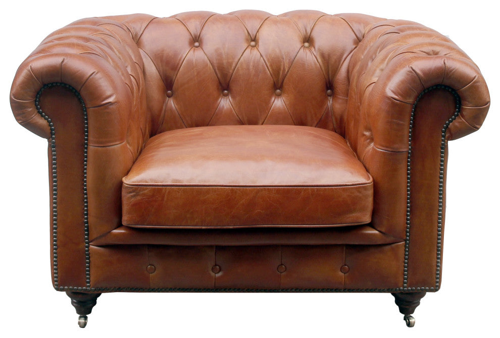 Paris Club Top Grain Leather Leather Tufted Club Chair, Brown