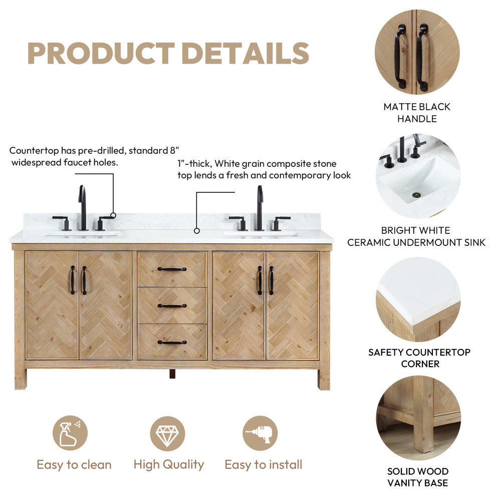 Javier Bath Vanity, Composite Stone Top, Antique Brown, 72", Double Vanity, No Mirror