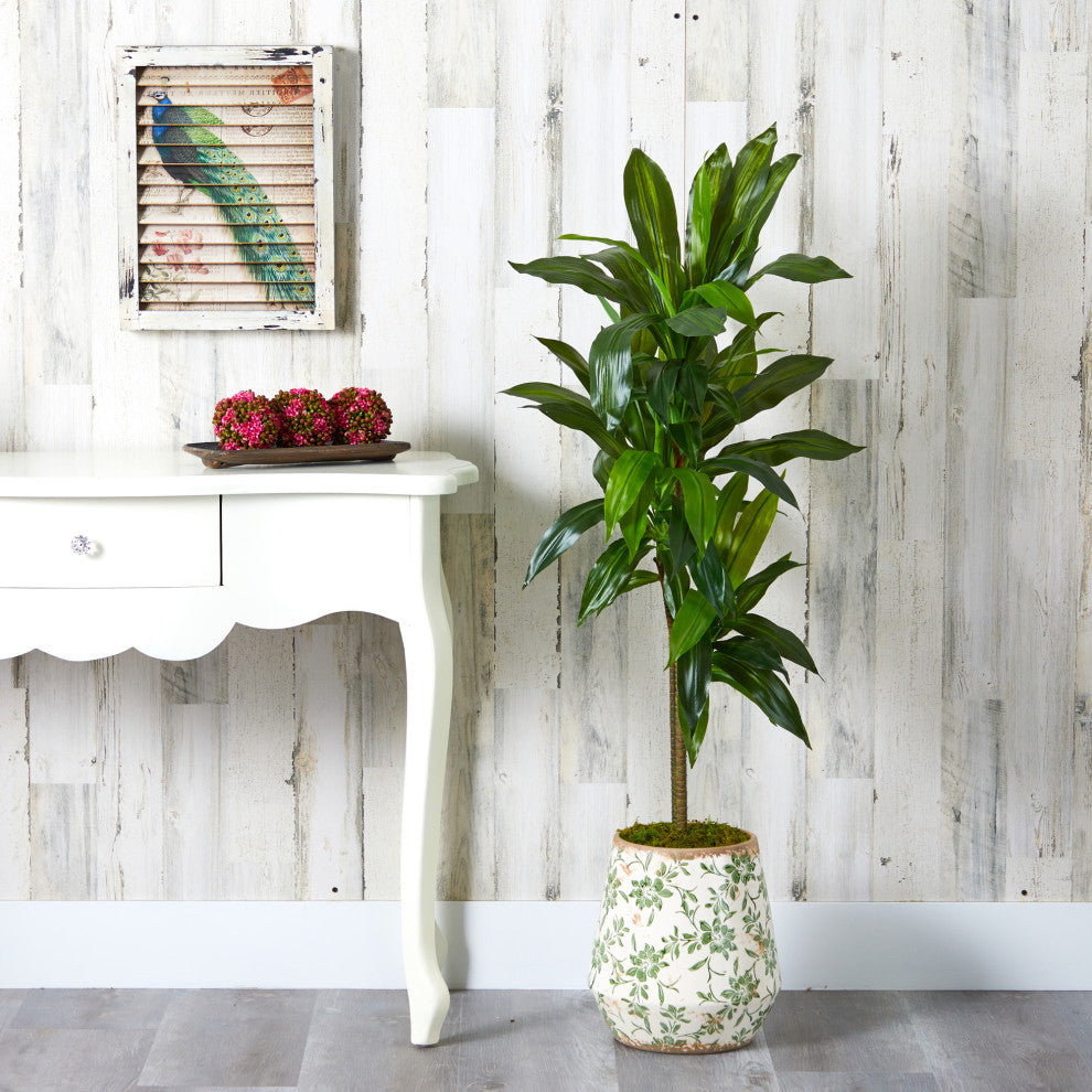 4' Dracaena Artificial Plant, Flower Print Planter, Real Touch