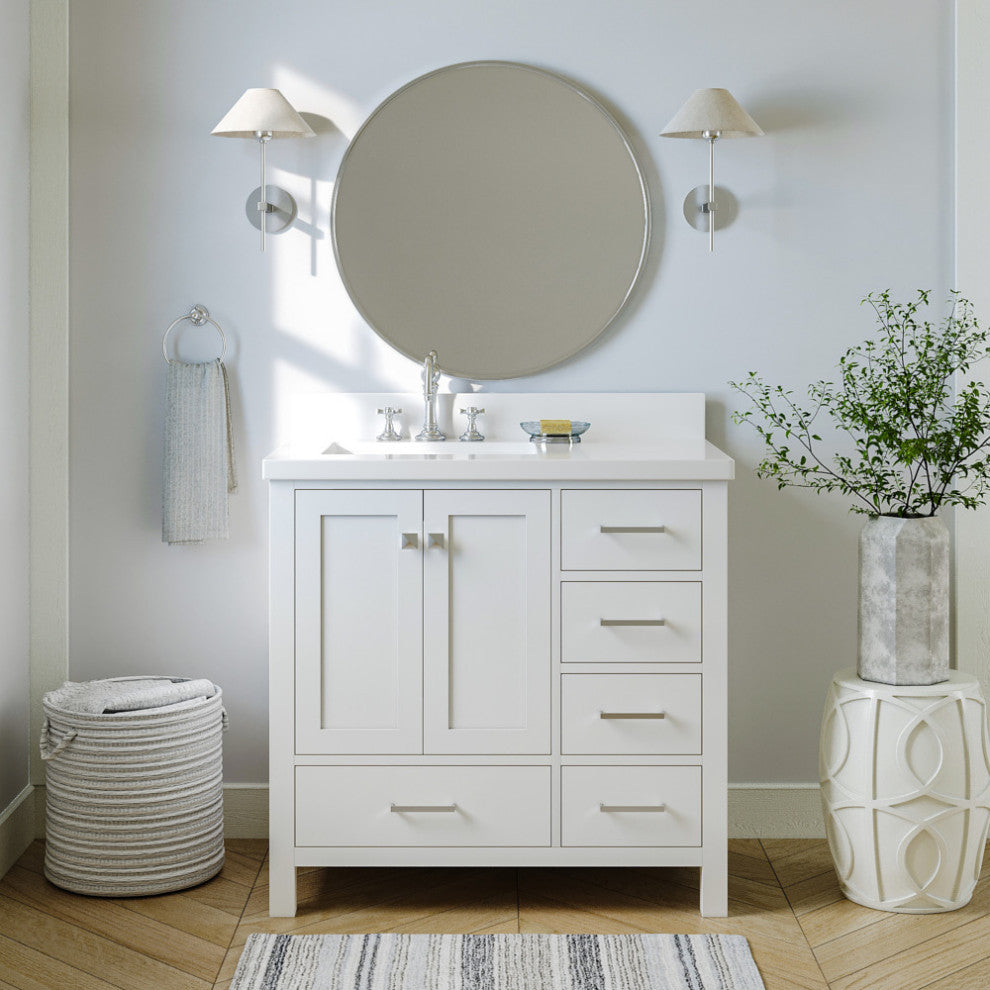 ARIEL Cambridge 37" Left Offset Rectangle Sink White Bathroom Vanity Quartz Top