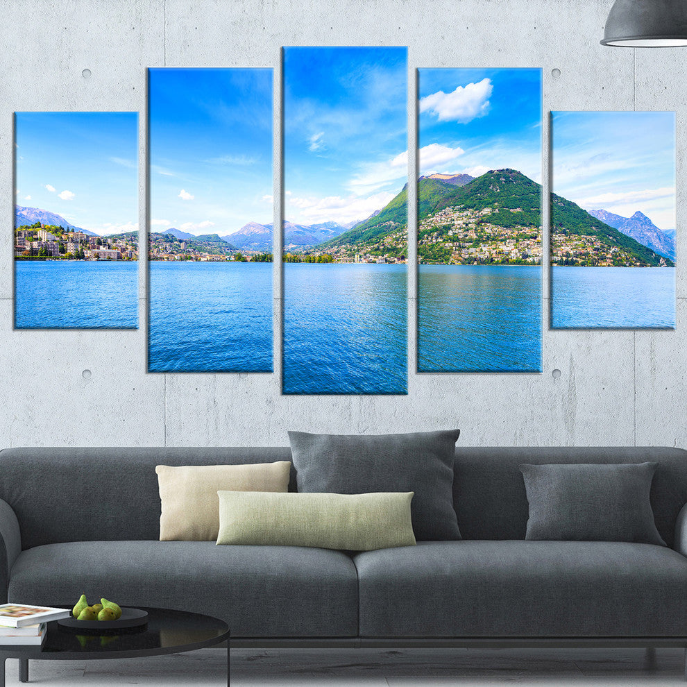 "Lugano Lake Ticino Panorama" Seashore Canvas Art, 5 Panels, 60"x32"