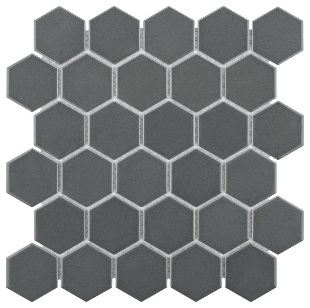 Metro 2" Hex Glossy Grey Porcelain Floor and Wall Tile