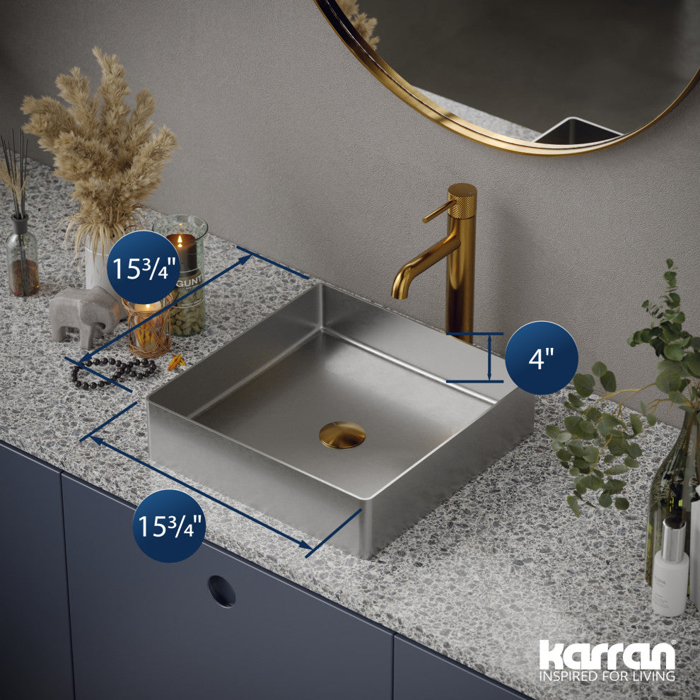 Karran Cinox Stainless Steel Square Vessel Sink, Stainless Steel