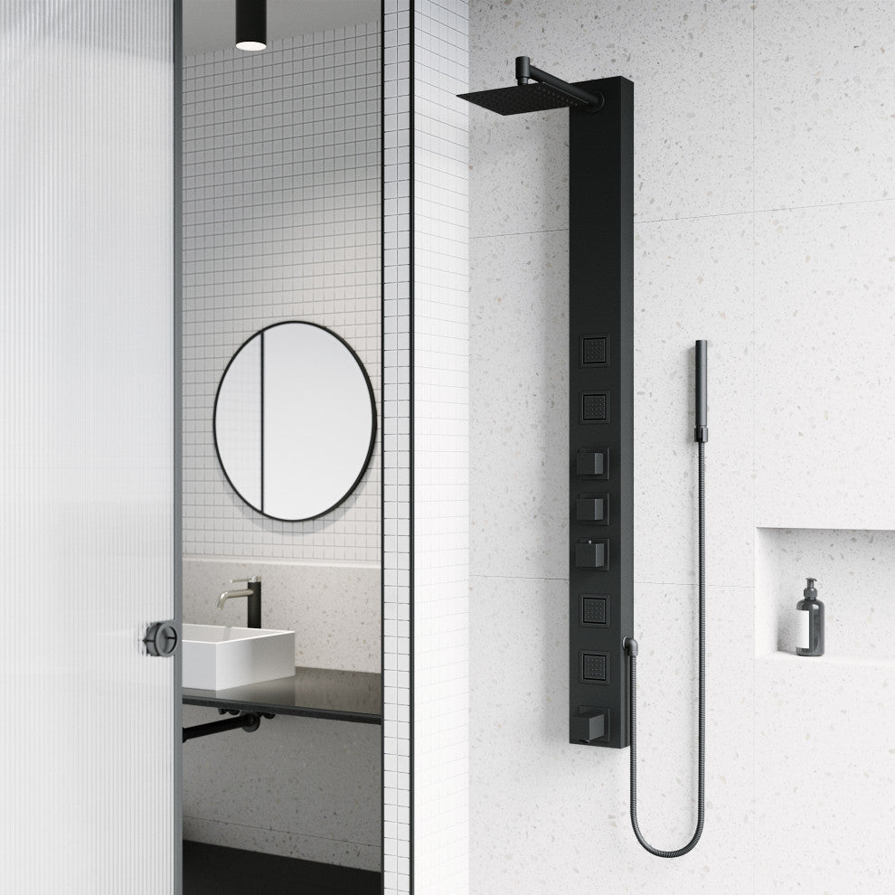 Bowery 58" H x 5" W 4-Jet Shower Panel with Square Shower Head and Tub Filler, Matte Black