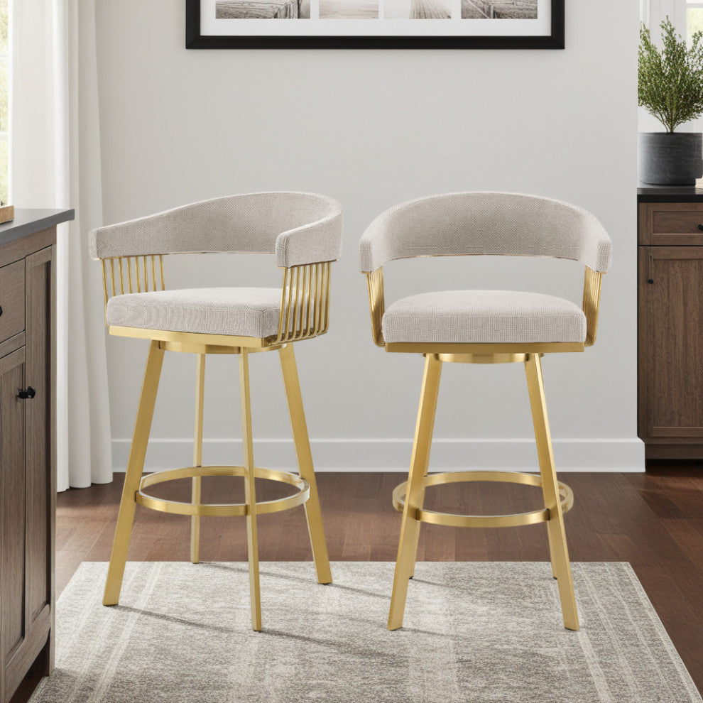 Chelsea Swivel Counter Stool, Gold Brushed Stainless Steel, Taupe Fabric, 26"