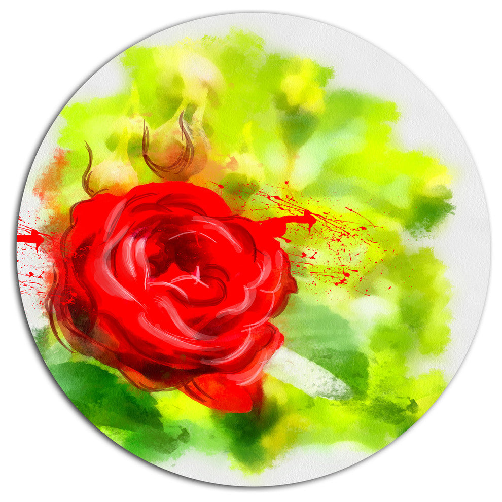Bright Red Rose On Light Green, Modern Floral Disc Metal Artwork, 23"