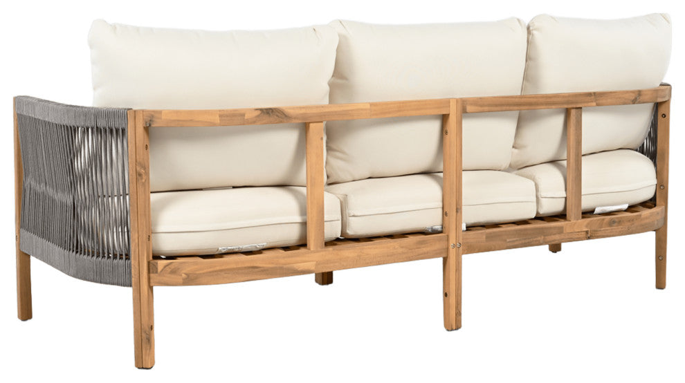 GDF Studio Outdoor 3-Seater Patio Acacia Wood Sofa, Teak/Gray/Beige