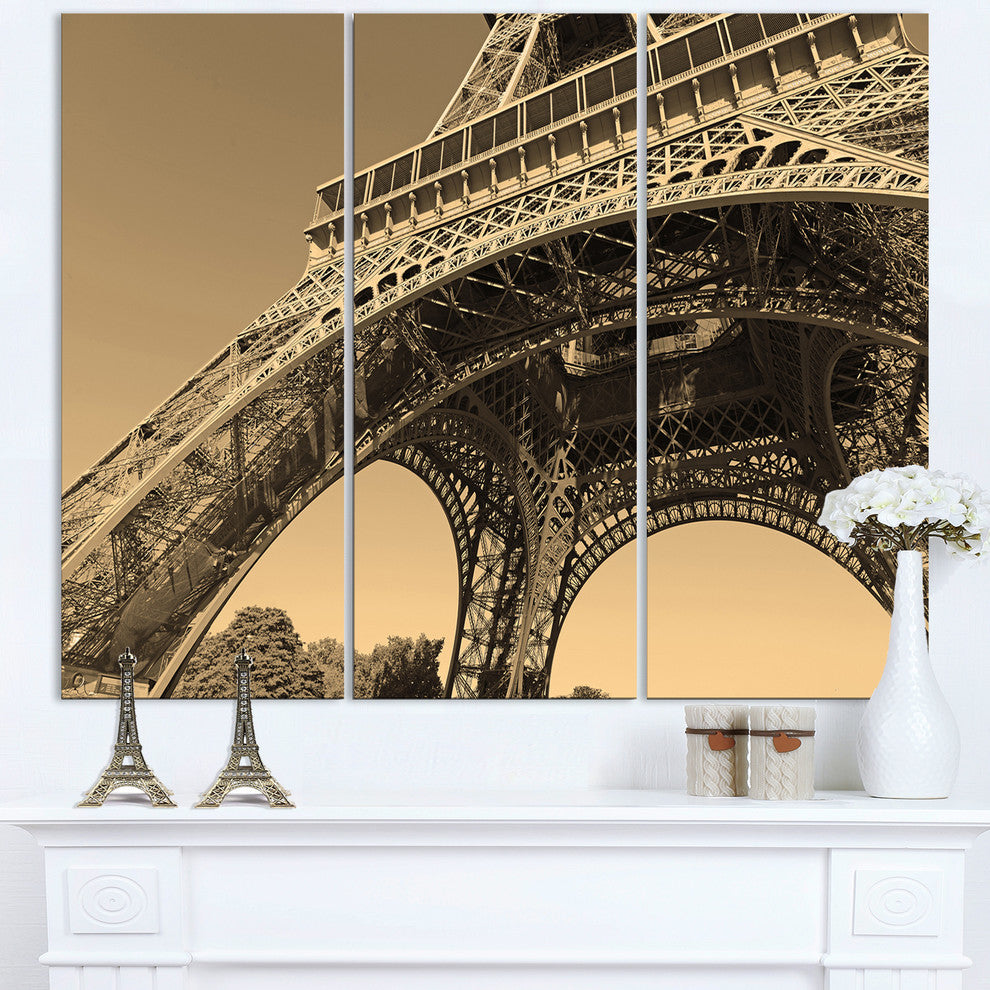 "Paris Eiffel Tower Side View from Ground" Metal Wall Art, 3 Panels, 36"x28"
