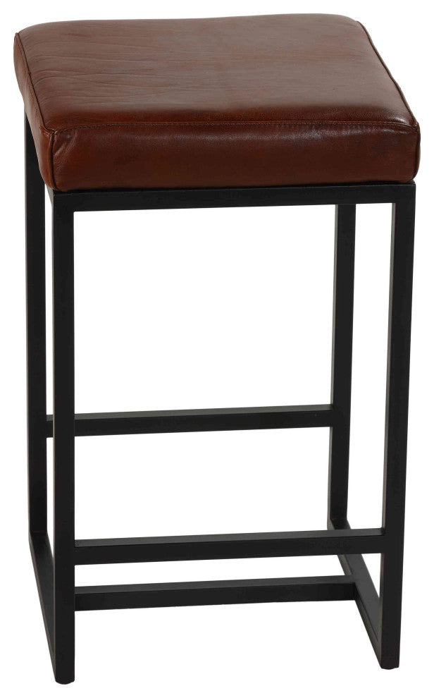 Bare Decor Cognac Backless Counter Stool, Genuine 100% Leather, Brown