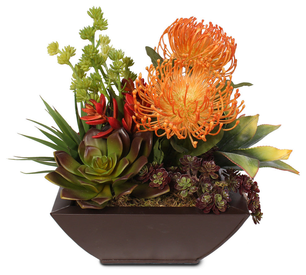 Contemporary Tropical Artificial Succulent Arrangement in a Metal Container