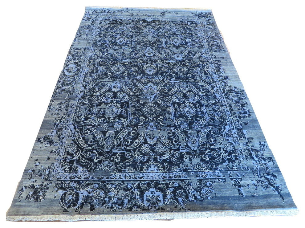 6'4"x10' Hand-Knotted Black Wool and Silk Modern Oriental Rug