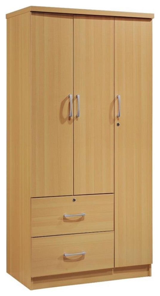 Hodedah 3 Door Armoire with 2 Drawers 3 Shelves in Beige Wood