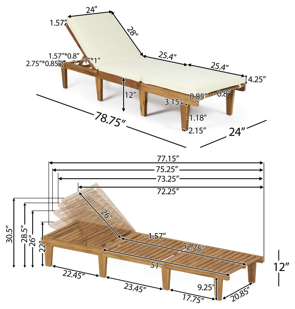 Paolo Outdoor Teak Wood Chaise Lounge With Cushion, Set of 2