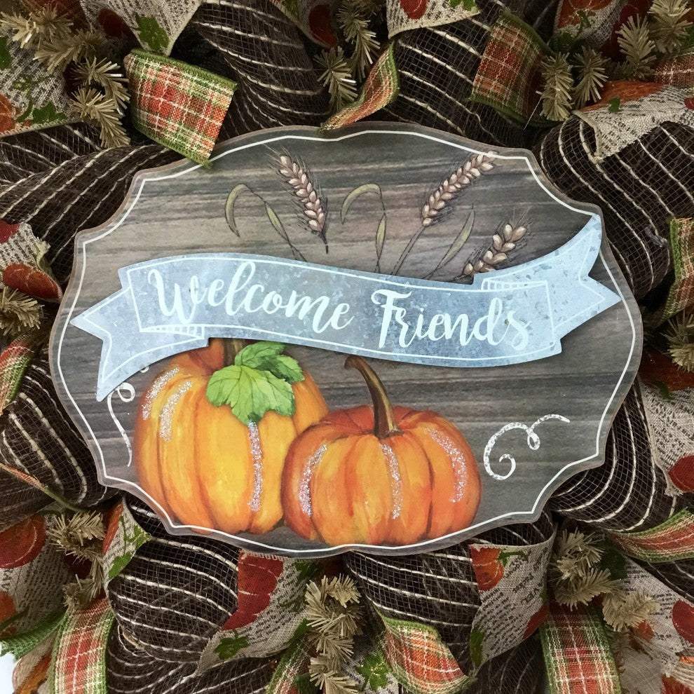 Welcome Friends Burlap Deco Mesh Harvest Wreath