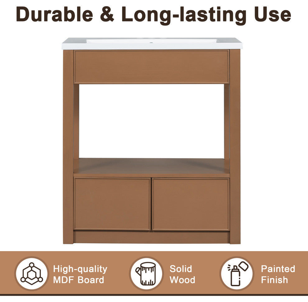 GDF Studio 30"W Vanity With Ceramic Sink, Open Shelf & Two Drawers, Brown