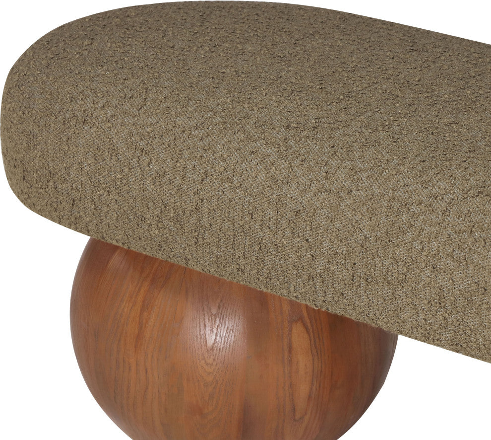 Meridian Furniture Bowie Boucle Fabric Upholstered Bench, Olive, Brown Finish