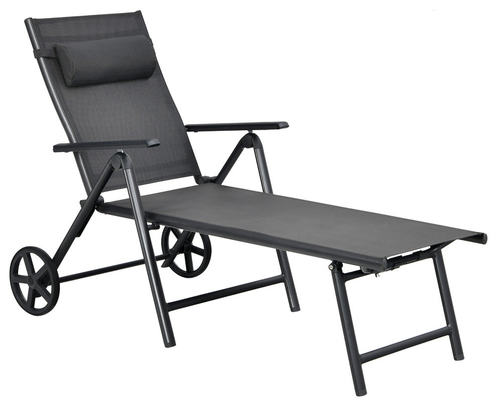 Costway Patio Lounge Chair W/ Wheels Neck Pillow Aluminum Frame Adjustable