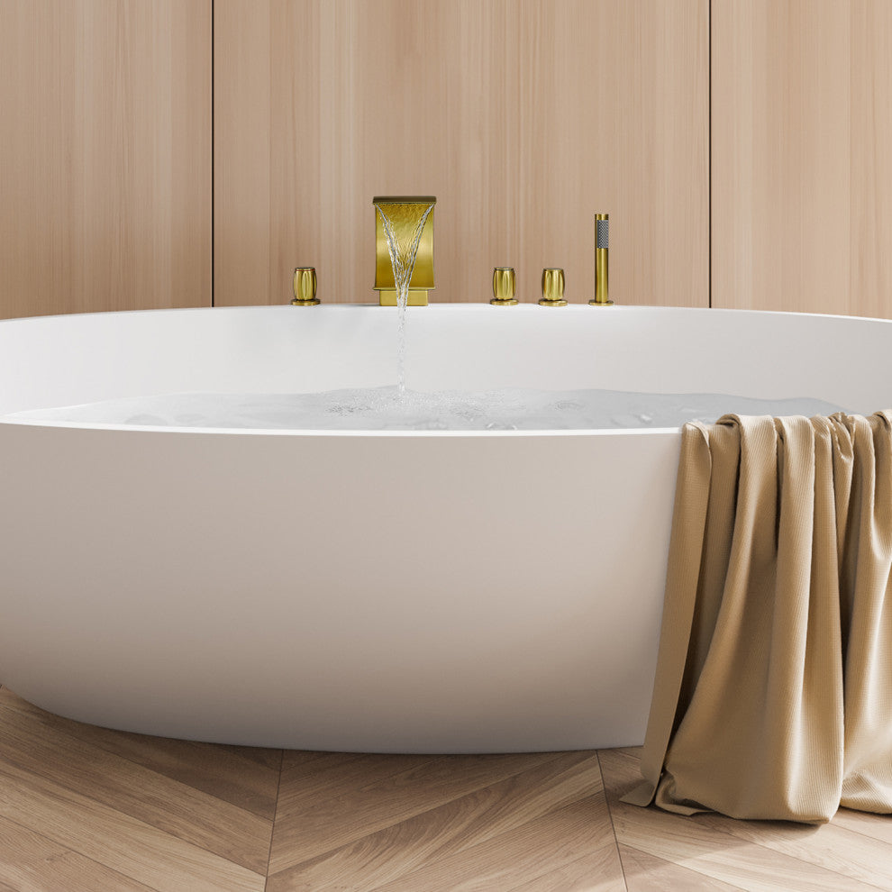 Recea Triple Handle Deck-Mount Roman Tub Faucet With Diverter and Handshower, Brushed Gold