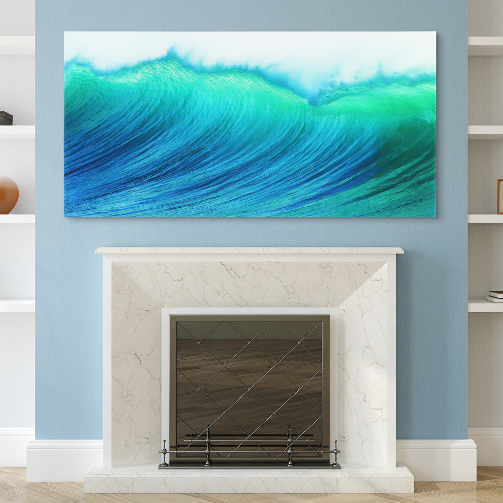 Blue Wave Wall Art Frameless Free Floating Tempered Art Glass 72"x36"