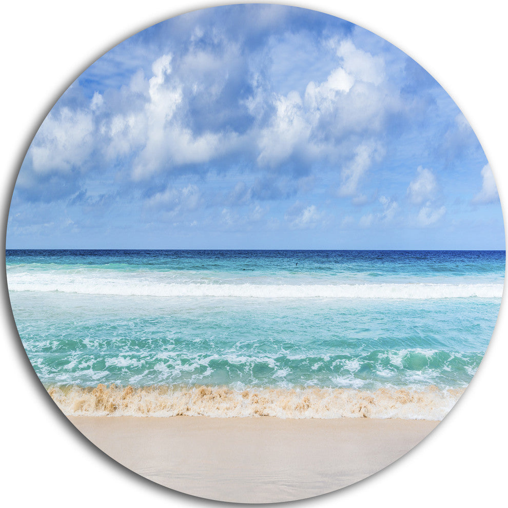 Tranquil Beach Under White Clouds, Seascape Round Metal Wall Art, 11"